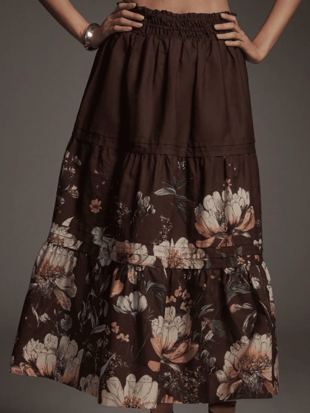 Anthropologie Brown Floral Tiered Maxi Skirt with Cream and Tan Blooms